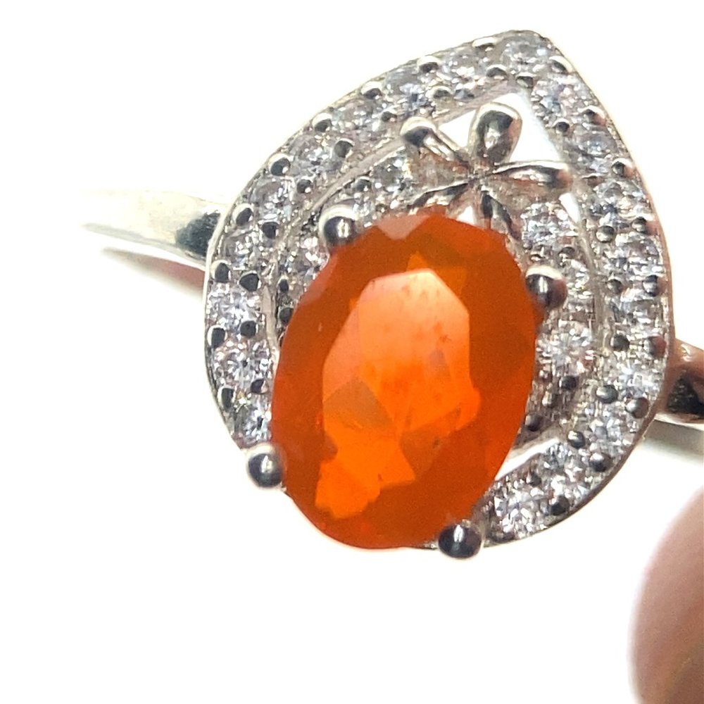 Fire Opal .58ct Platinum Finish Solid 925 Sterling Silver Ring